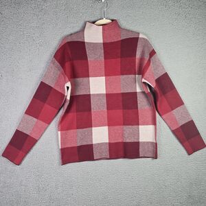 Tahari Buffalo Plaid Mock Neck Sweater Red Cream Large Cozy Fall Trending
